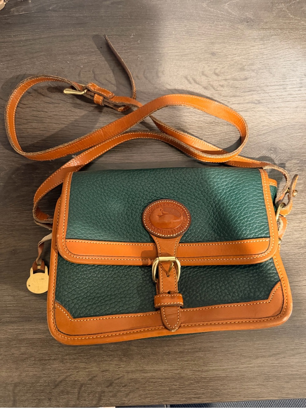 Dooney & Bourke Green Leather Crossbody with Tan Trim and Buckle